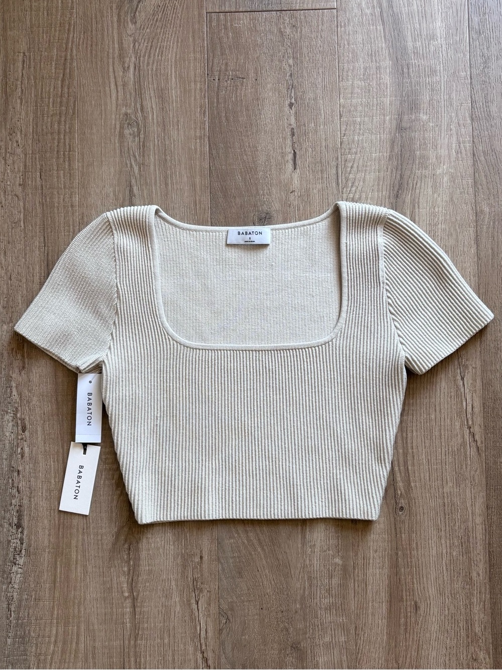 Babaton Adelaide Sculpt Knit Short Sleeve Top in Matte Pearl